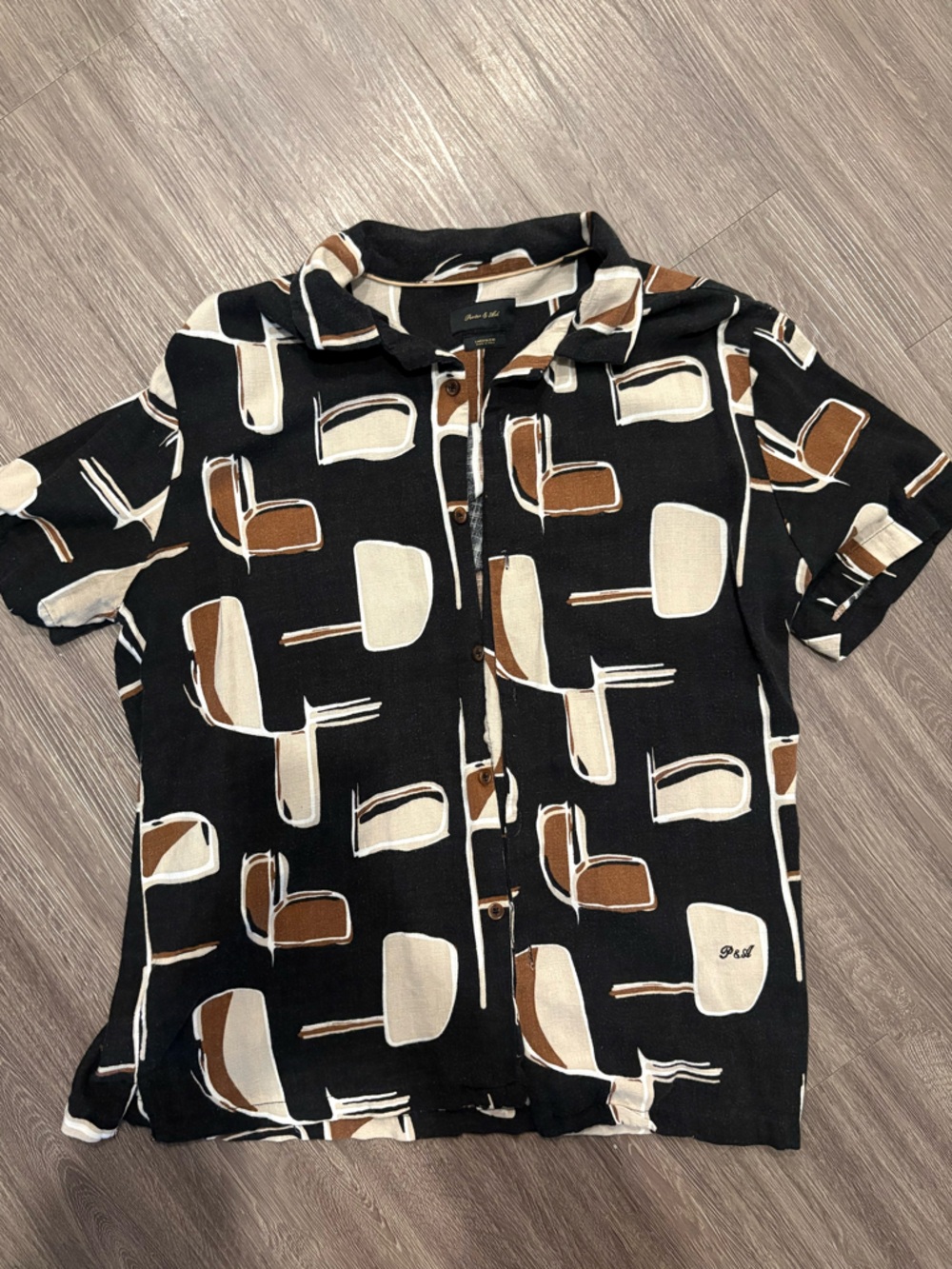 Linen Blend Abstract Print Button Down Shirt Short Sleeve Mens M